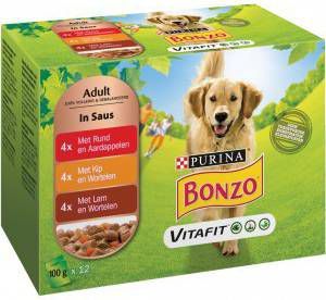 Bonzo Vitafit Adult maaltijdzakjes met rund, kip, lam en groenten in saus hondenvoer 4 x(12 x 100 gr )