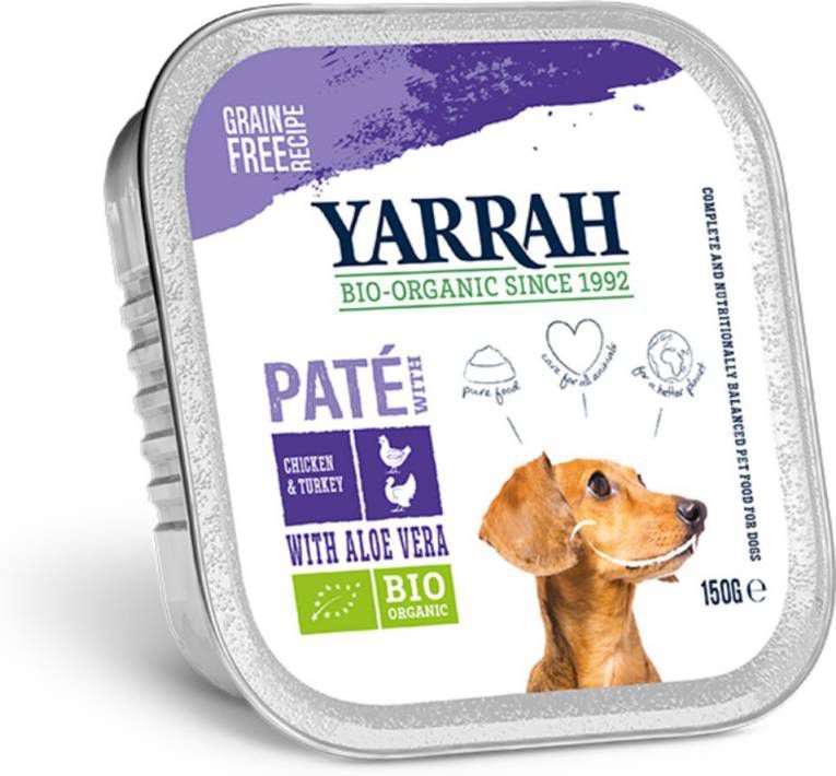 Yarrah 12x Biologisch Hondenvoer Paté Kip Kalkoen 150 gr