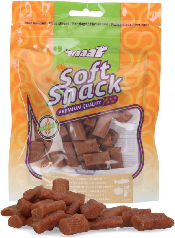 Braaaf Soft Snacks Zalmstick 2, 5 x 0, 5 cm pompoen en selderij