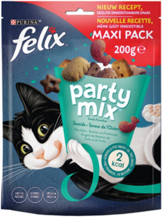 Felix Party Mix Seaside kattensnoep zalm -, koolvis & forelsmaak maxipack 5 x 200 gr