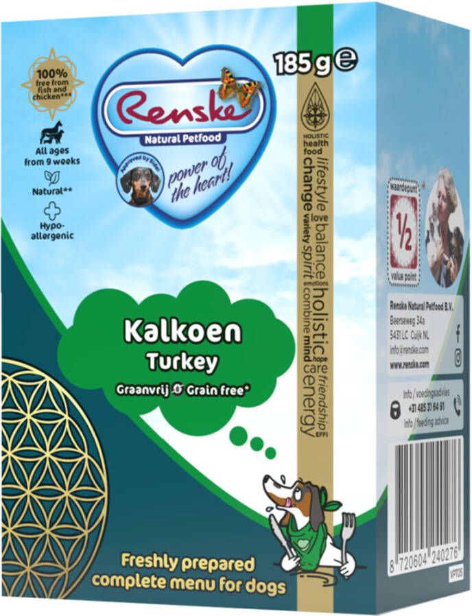 Renske Graanvrij kalkoen Vers Bereid nat hondenvoer 12 x 185 gr