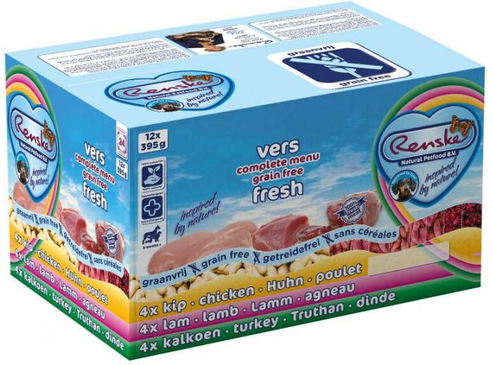 Renske Vers Graanvrij Multidoos hondenvoer 2 trays (24 x 395 gram) + 2 x Eend vleesrepen