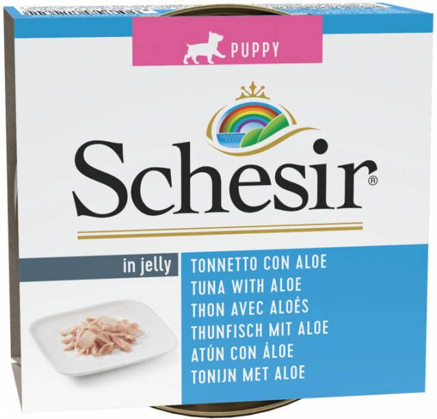 Schesir Puppy tonijn met aloë(jelly)natvoer hond(blikjes 150 g)4 trays(40 x 150 gr )