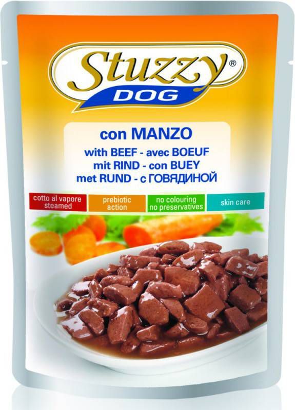 Stuzzy Chunks met rund nat hondenvoer 100 gr. OP is OP 2 dozen(48 x 100 gr )
