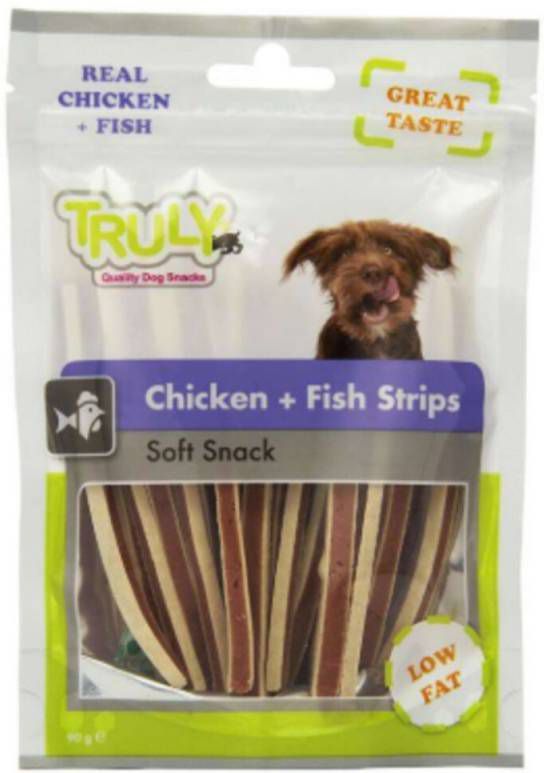 Truly 15x Hondensnack Strips Chicken&amp, Fish 90 gram