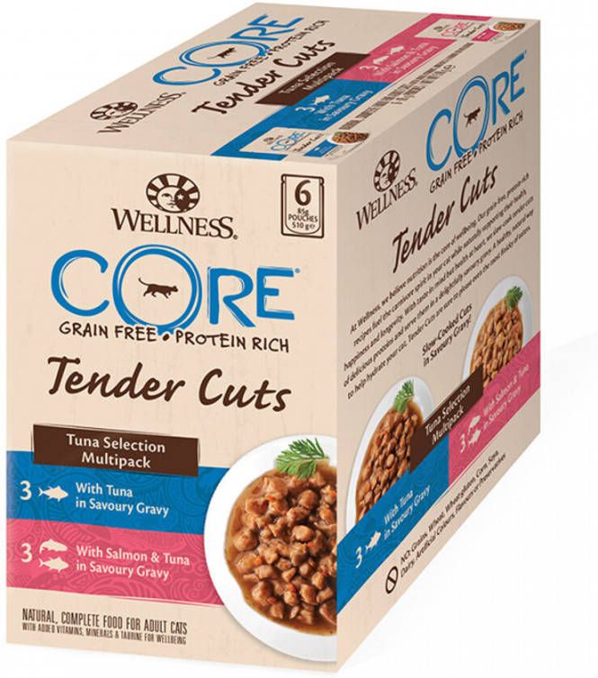 Wellness Core 4x Kattenvoer Tender Cuts Selection 6 pack Tonijn 6 x 85 gr