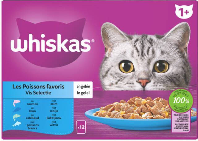 Whiskas 1+ Selectie In Gelei Maaltijdzakjes Multipack Kattenvoer Vis 12x85 g