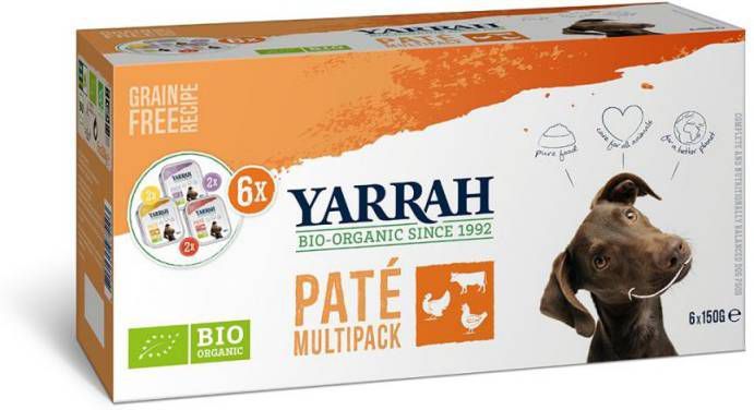 Yarrah 4x Biologisch Hondenvoer Multipack Paté Graanvrij Kip Kalkoen Rund 6 kuipjes