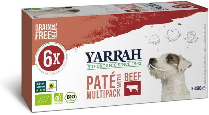 Yarrah 4x Biologisch Hondenvoer Multipack Paté Graanvrij Rund Kip 900 gr