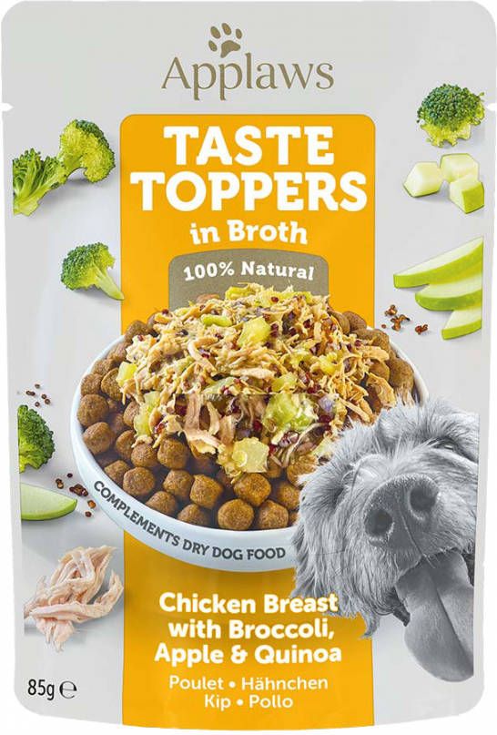Applaws Taste Toppers Pouch in Bouillon 12 x 85 g Hondenvoer Kip met Broccoli, Appel en Quinoa