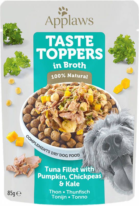 Applaws Taste Toppers Pouch in Bouillon 12 x 85 g Hondenvoer Tonijn met Pompoen, Groene Kool & Kikkererwten