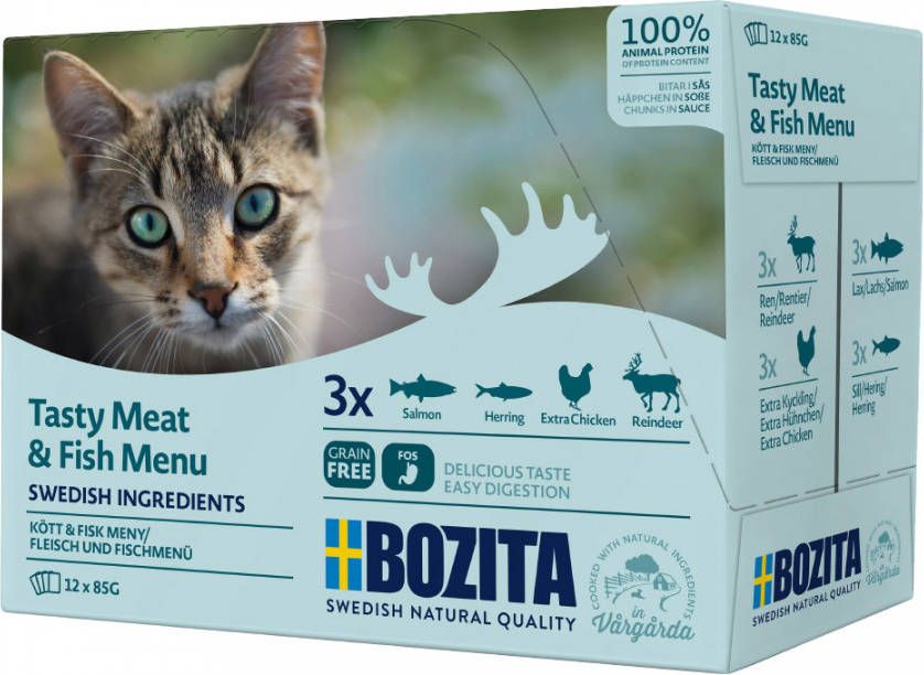 Bozita 12x85g Stukjes in Saus als Vlees en Vismenu(4 Soorten) Kattenvoer
