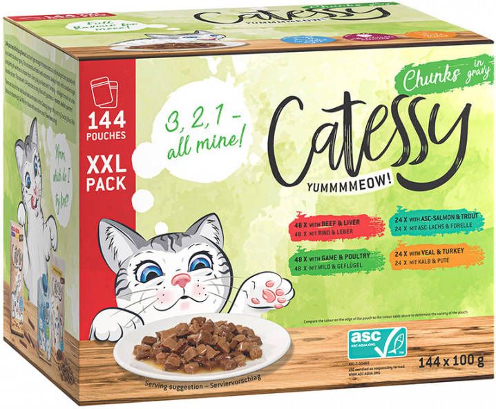 Catessy 144 x 100 g Hapjes in Saus met 4 Soorten Kattenvoer nat