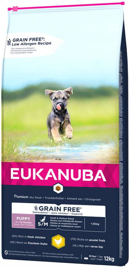 Eukanuba 2x12kg Grain Free Puppy Small/Medium Breed Kip Hondenvoer droog