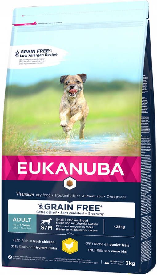 Eukanuba 2x3kg Grain Free Adult Small/Medium Breed Kip Hondenvoer droog