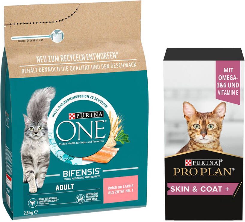 Purina One 2, 8 kg + 150 ml Adult & Senior Skin & Coat Supplement Olie gratis! Adult met Zalm & Volkoren granen