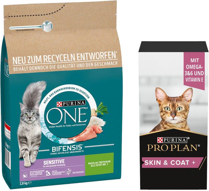 Purina One 2, 8 kg + 150 ml Adult & Senior Skin & Coat Supplement Olie gratis! Sensitive