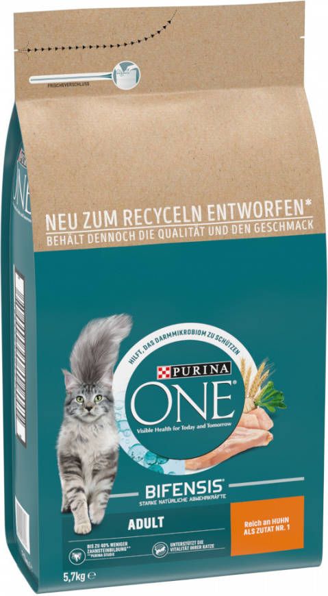 Purina One 5.7kg + 13 zakjes natvoer gratis Adult Kip & Volkoren Granen Kattenvoer + Adult Kip en Sperziebonen