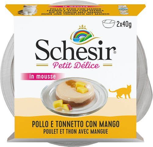 Schesir 12x 40g Petit Delice in Mousse Kip, Tonijn en Mango Nat Kattenvoer