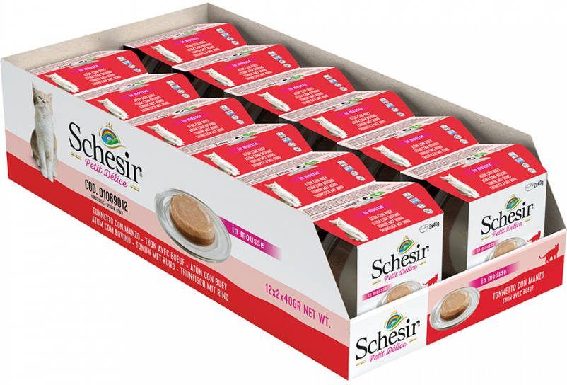 Schesir 12x 40g Petit Delice in Mousse Kip, Tonijn en Rund Nat Kattenvoer