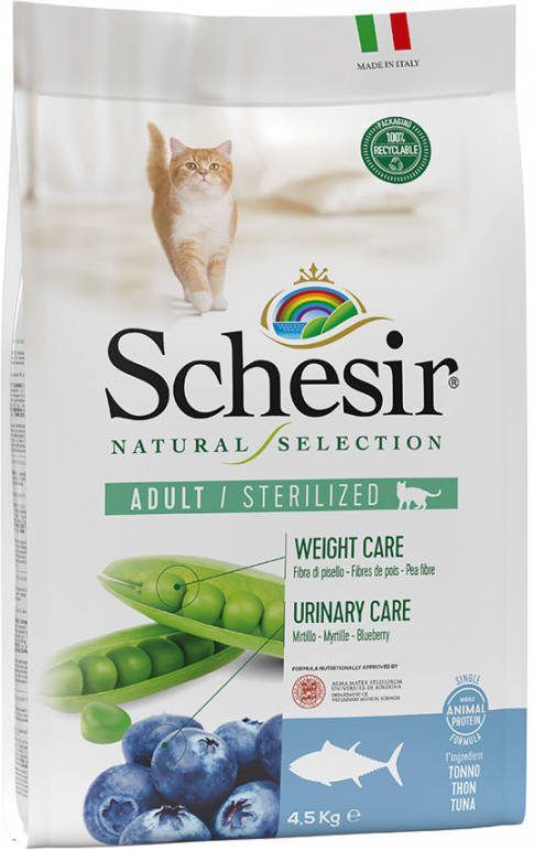 Schesir Natural Selection Adult Sterilized met Tonijn Kattenvoer Dubbelpak 2 x 4, 5 kg
