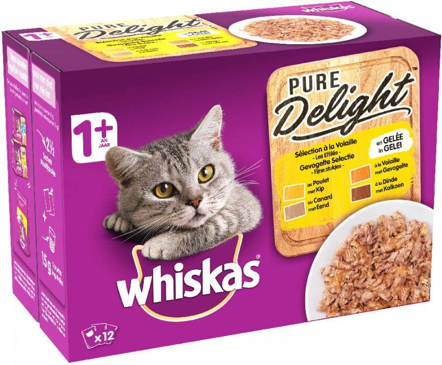 Whiskas 10 + 2 gratis! 12 x 85 g/100 g 1+ Adult Pure Delight Geflü, gelauswahl in Gelee(12 x 85 g )