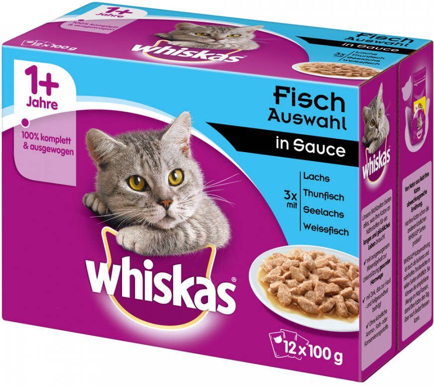 Whiskas 1+ Classic Selectie Maaltijdzakjes Kattenvoer Voordeelpakket 96 x 85/100 g Vis selectie in Saus(96 x 100 g )