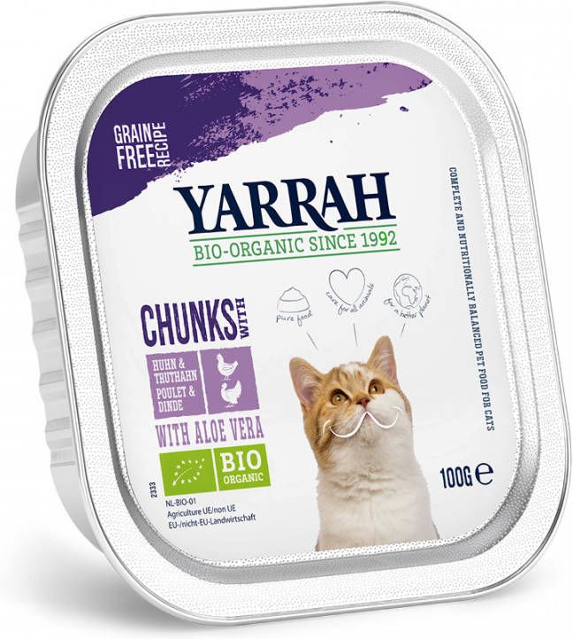 Yarrah 48x100g Chunks Bio Kip & Bio Kalkoen met Bio Aloe Vera Bio Kattenvoer nat