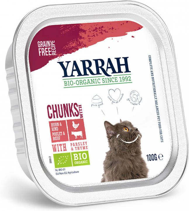 Yarrah 24 + 6 Gratis! Bio Chunks of Paté, Kattenvoer Bio Chunks Kip met Bio Kip & Rund