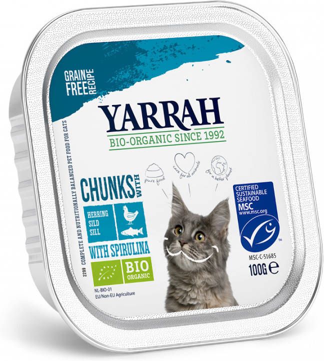 Yarrah 24 + 6 Gratis! Bio Chunks of Paté, Kattenvoer Bio Chunks Vis & Spinazi