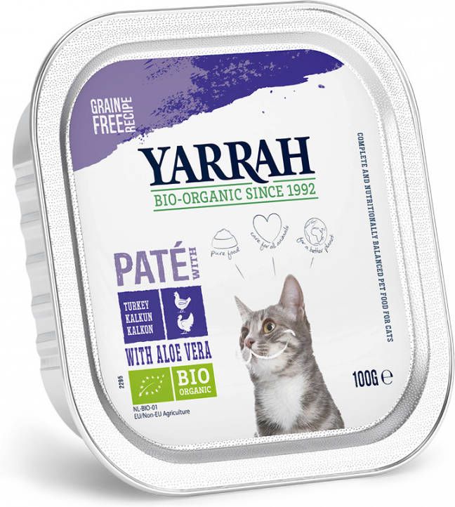 Yarrah Bio Kattenvoer Sterilised Bestel ook natvoer 6 x 100 g biologisch paté, Kip & Kalkoen met Aloe Vera